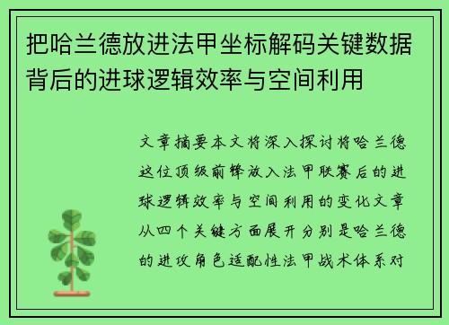把哈兰德放进法甲坐标解码关键数据背后的进球逻辑效率与空间利用